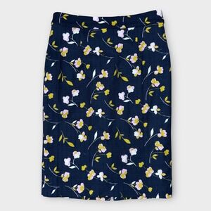 Boden Floral Pencil Skirt Womens 4 Navy Blue Textured Cotton Tweed Lined